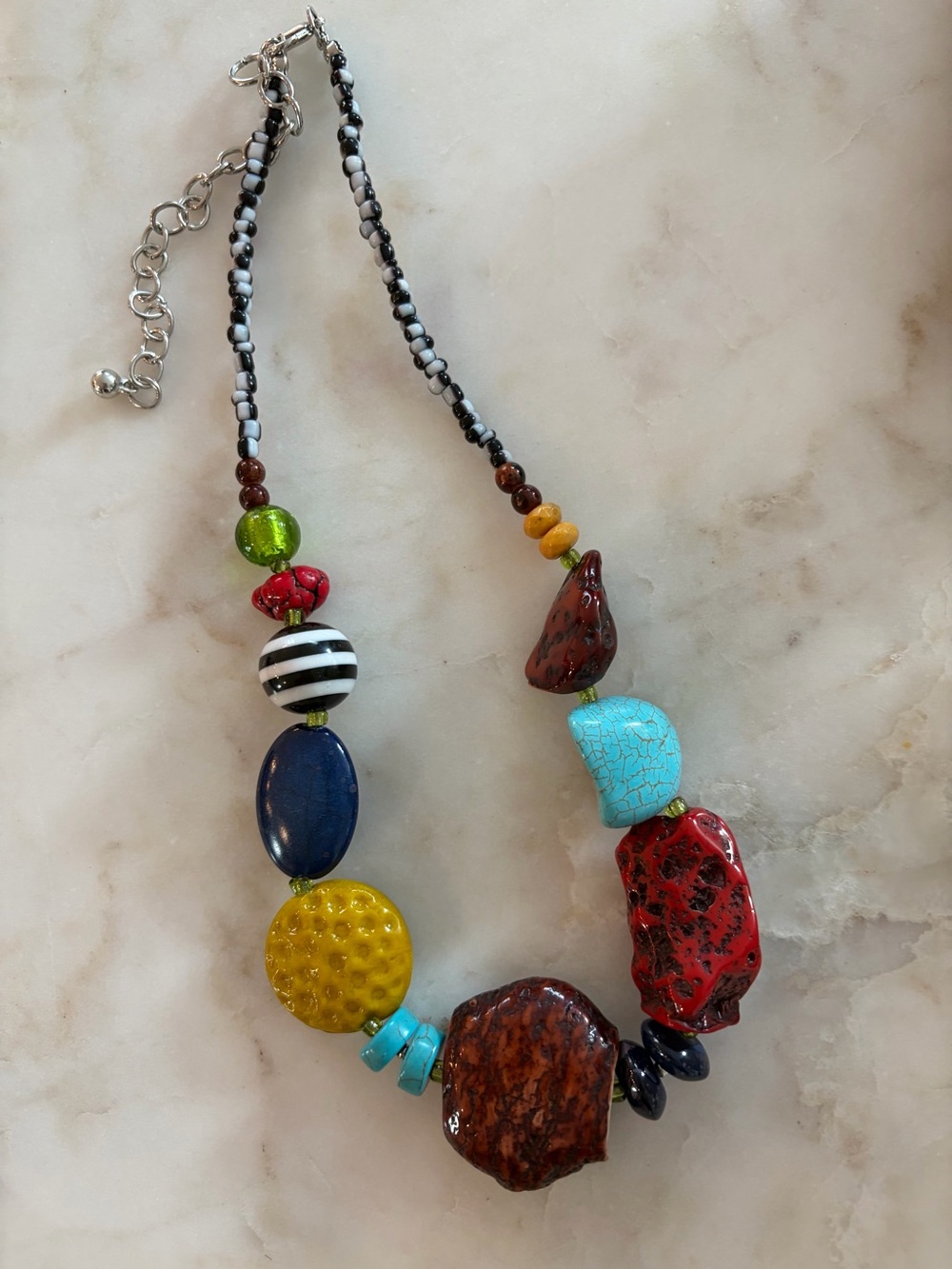 Multicolor Mixed-Bead Statement Necklace in Turquoise, Red, Yellow, Blue